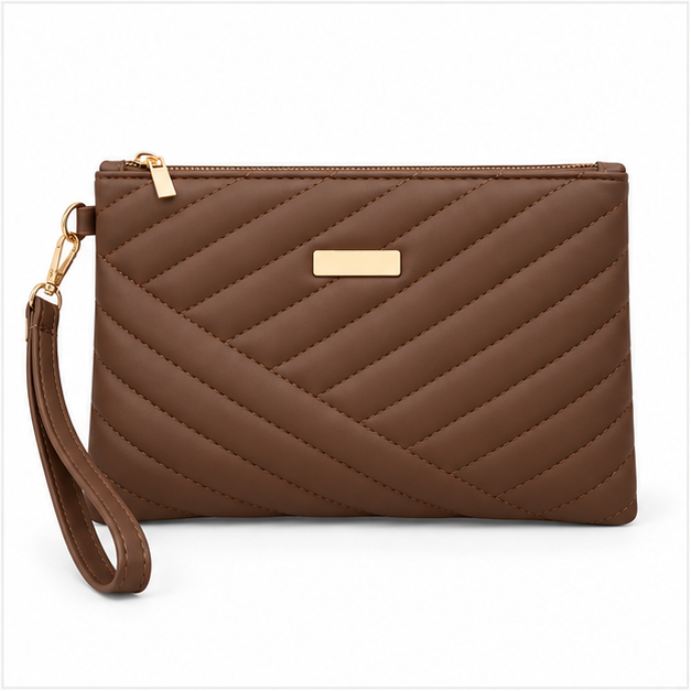 Brown Quilted Wristlet Clutch Bag Purse