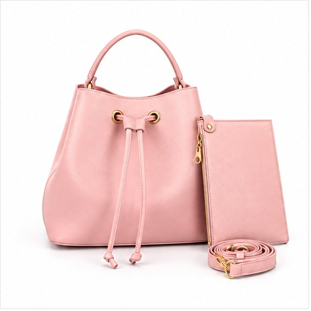 Pink Drawstring Bucket Handbag Pouch Set