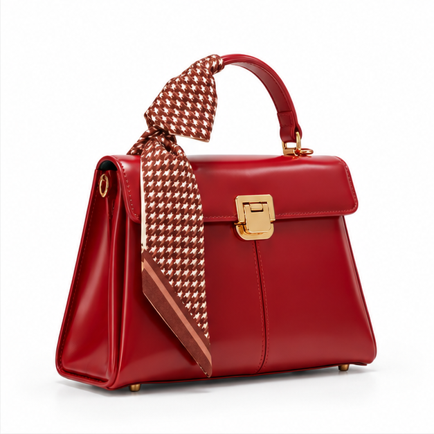 Red Bow Accent Structured Leather Handbag