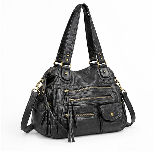 Black Multi-Pocket Leather Shoulder Bag
