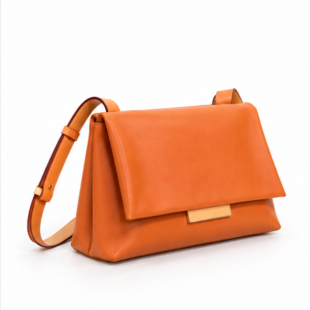 Orange Leather Flap Shoulder Crossbody Bag