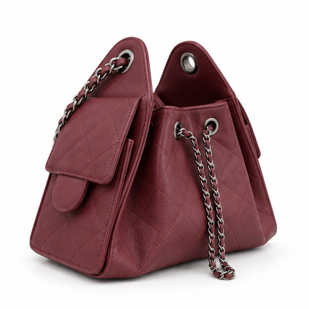 Burgundy Quilted Chain Drawstring Shoulder Bag