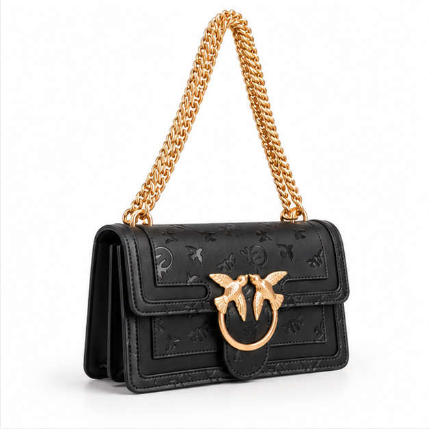 Black Embossed Gold Chain Shoulder Bag