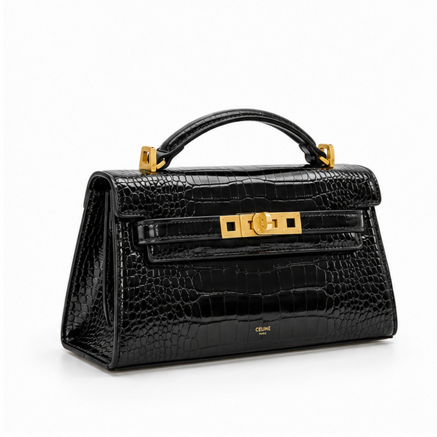 Black Crocodile Embossed Top Handle Handbag