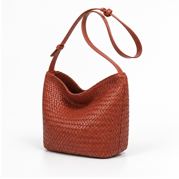 Woven Leather Slouchy Shoulder Bucket Bag