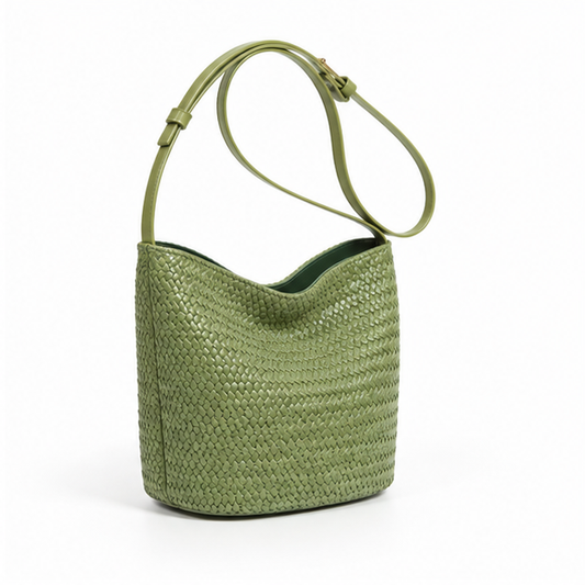 Olive Woven Adjustable Shoulder Bucket Bag