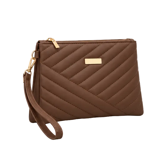 Brown Quilted Wristlet Clutch Bag Purse