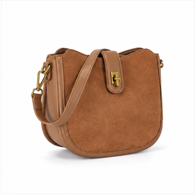 Coffee Suede Saddle Crossbody Shoulder Bag