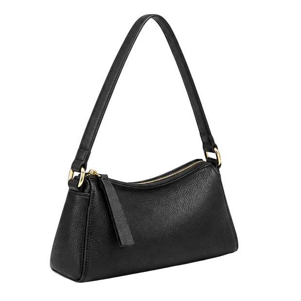 Black Pebbled Leather Shoulder Baguette Bag