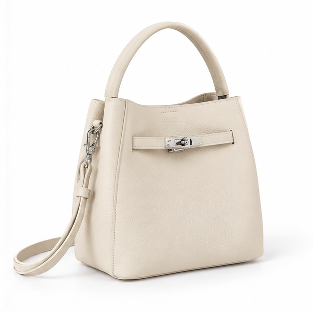 Elegant Ivory Pebbled Leather Bucket Handbag