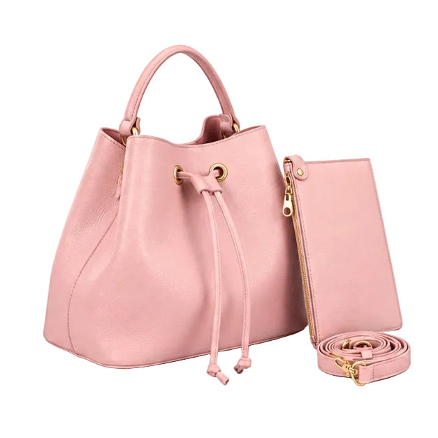 Pink Drawstring Bucket Handbag Pouch Set