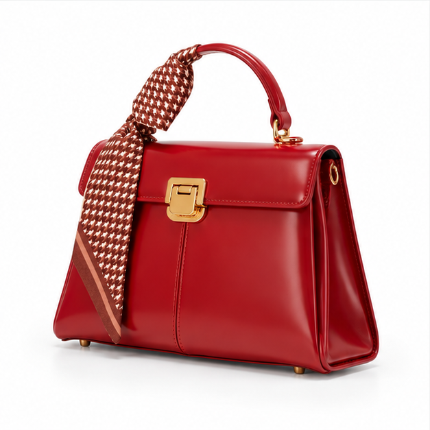 Red Bow Accent Structured Leather Handbag