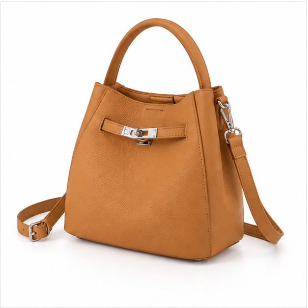 Elegant Tan Textured Leather Bucket Handbag