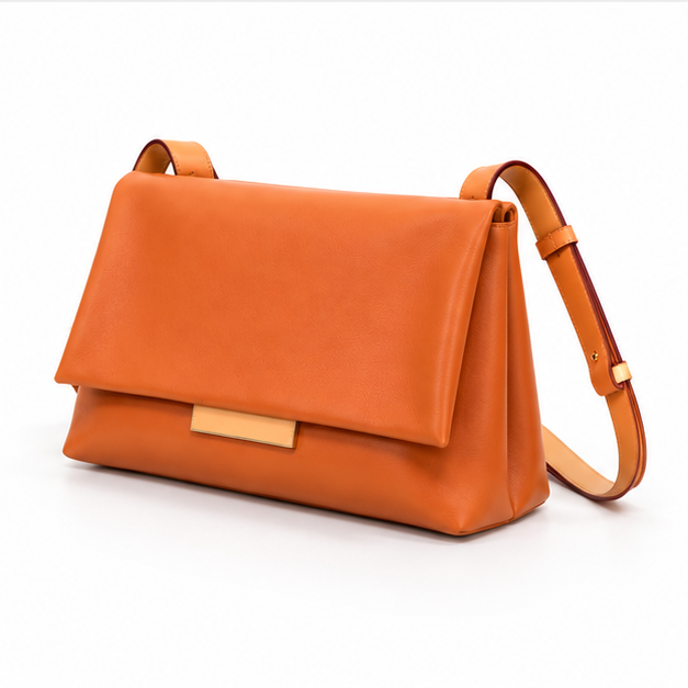 Orange Leather Flap Shoulder Crossbody Bag