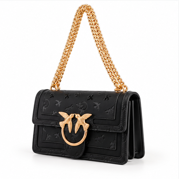 Black Embossed Gold Chain Shoulder Bag