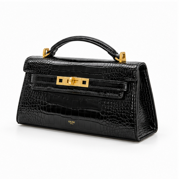 Black Crocodile Embossed Top Handle Handbag