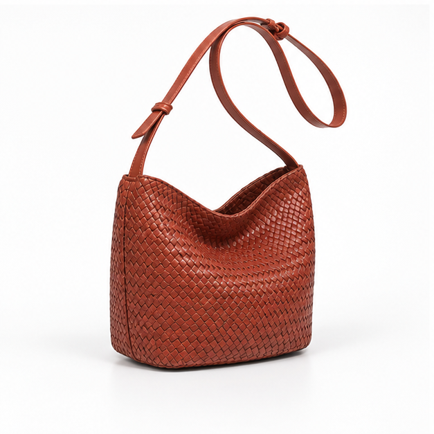 Woven Leather Slouchy Shoulder Bucket Bag
