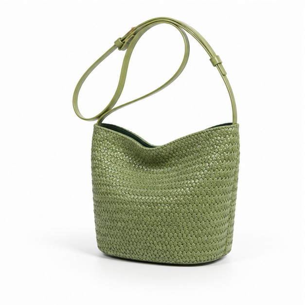 Olive Woven Adjustable Shoulder Bucket Bag