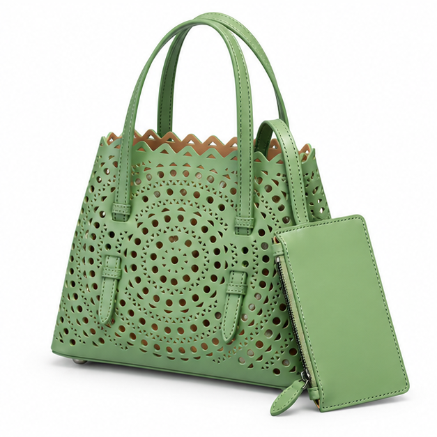 Sage Laser-Cut Tote With Matching Pouch