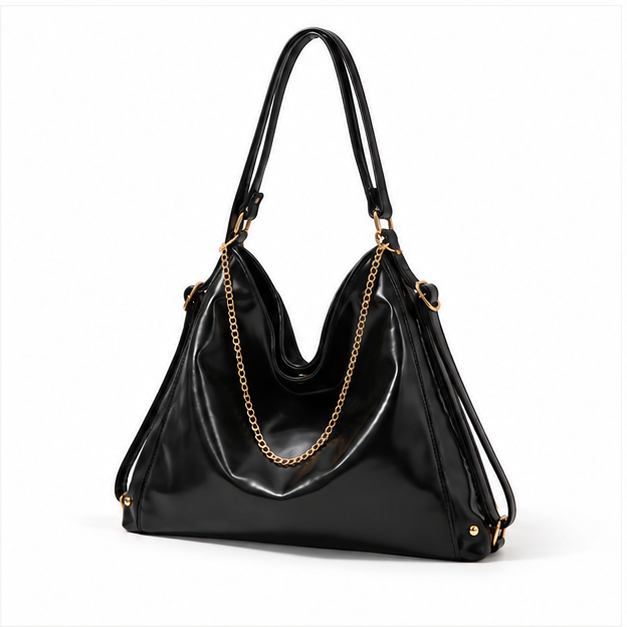 Glossy Black Chain Hobo Shoulder Bag