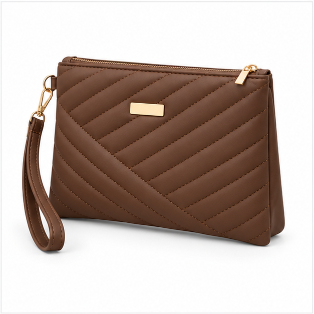 Brown Quilted Wristlet Clutch Bag Purse