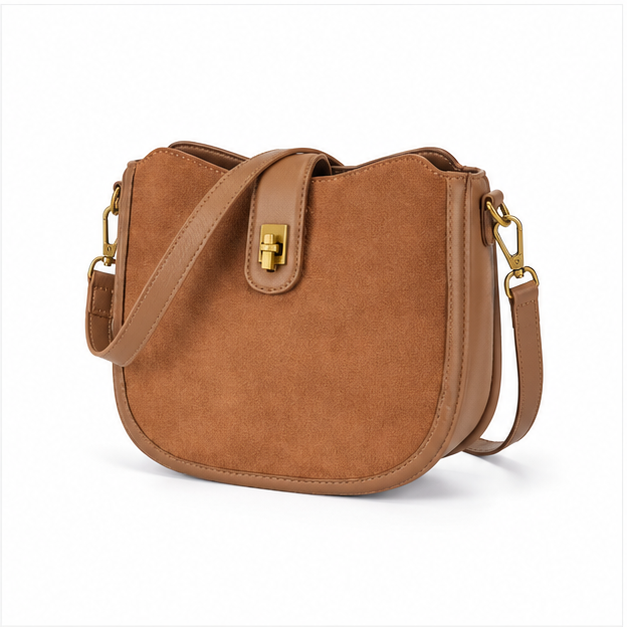Coffee Suede Saddle Crossbody Shoulder Bag