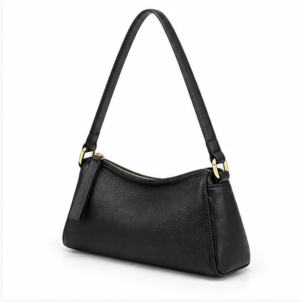 Black Pebbled Leather Shoulder Baguette Bag