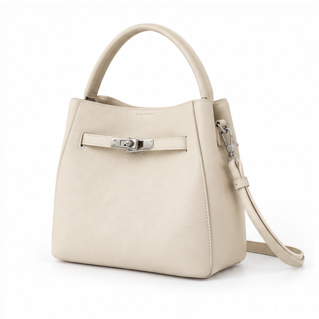 Elegant Ivory Pebbled Leather Bucket Handbag