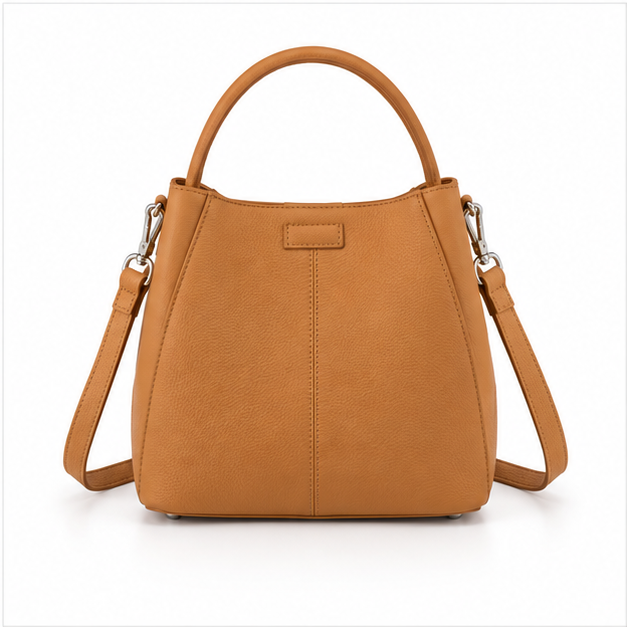Elegant Tan Textured Leather Bucket Handbag
