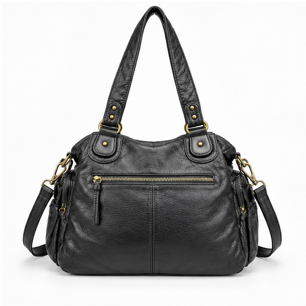 Black Multi-Pocket Leather Shoulder Bag