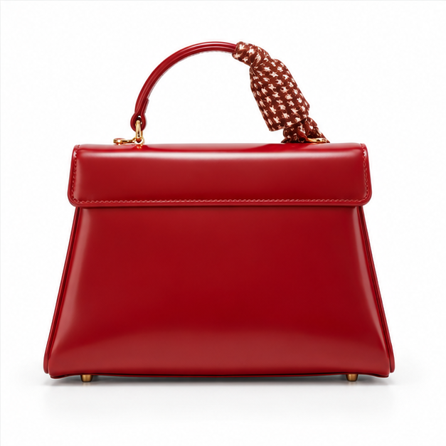 Red Bow Accent Structured Leather Handbag