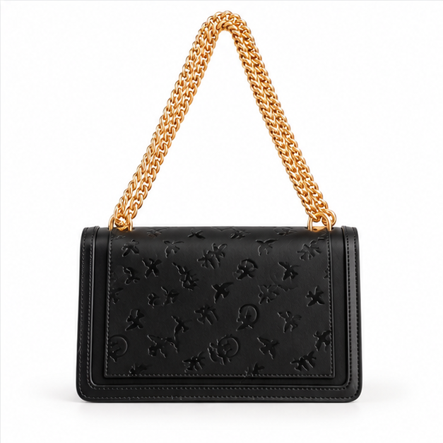 Black Embossed Gold Chain Shoulder Bag