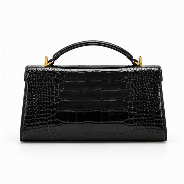 Black Crocodile Embossed Top Handle Handbag
