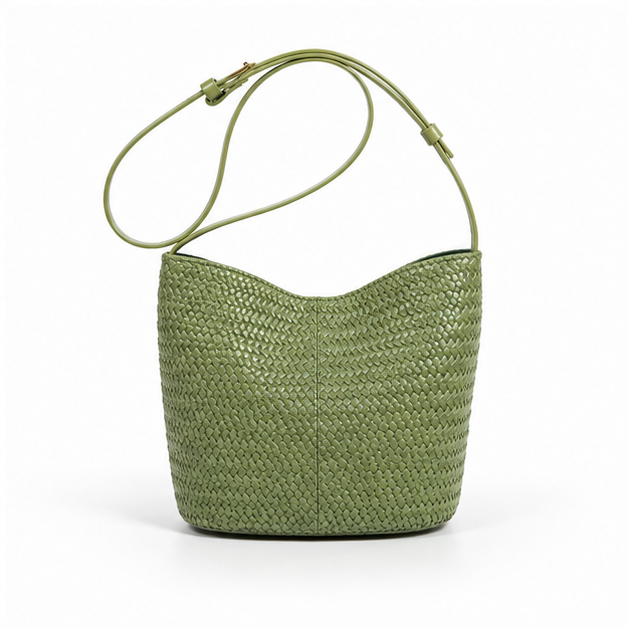Olive Woven Adjustable Shoulder Bucket Bag