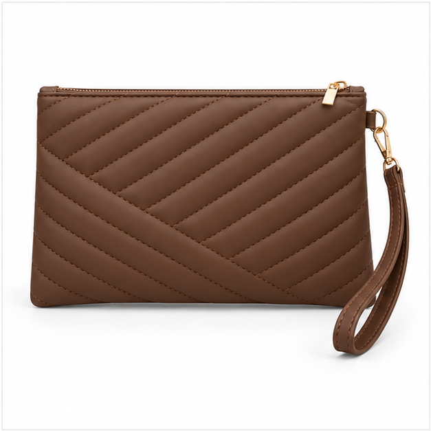Brown Quilted Wristlet Clutch Bag Purse