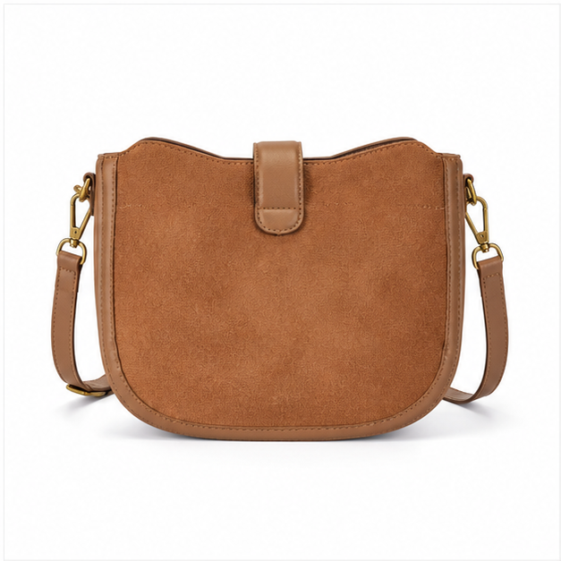 Coffee Suede Saddle Crossbody Shoulder Bag