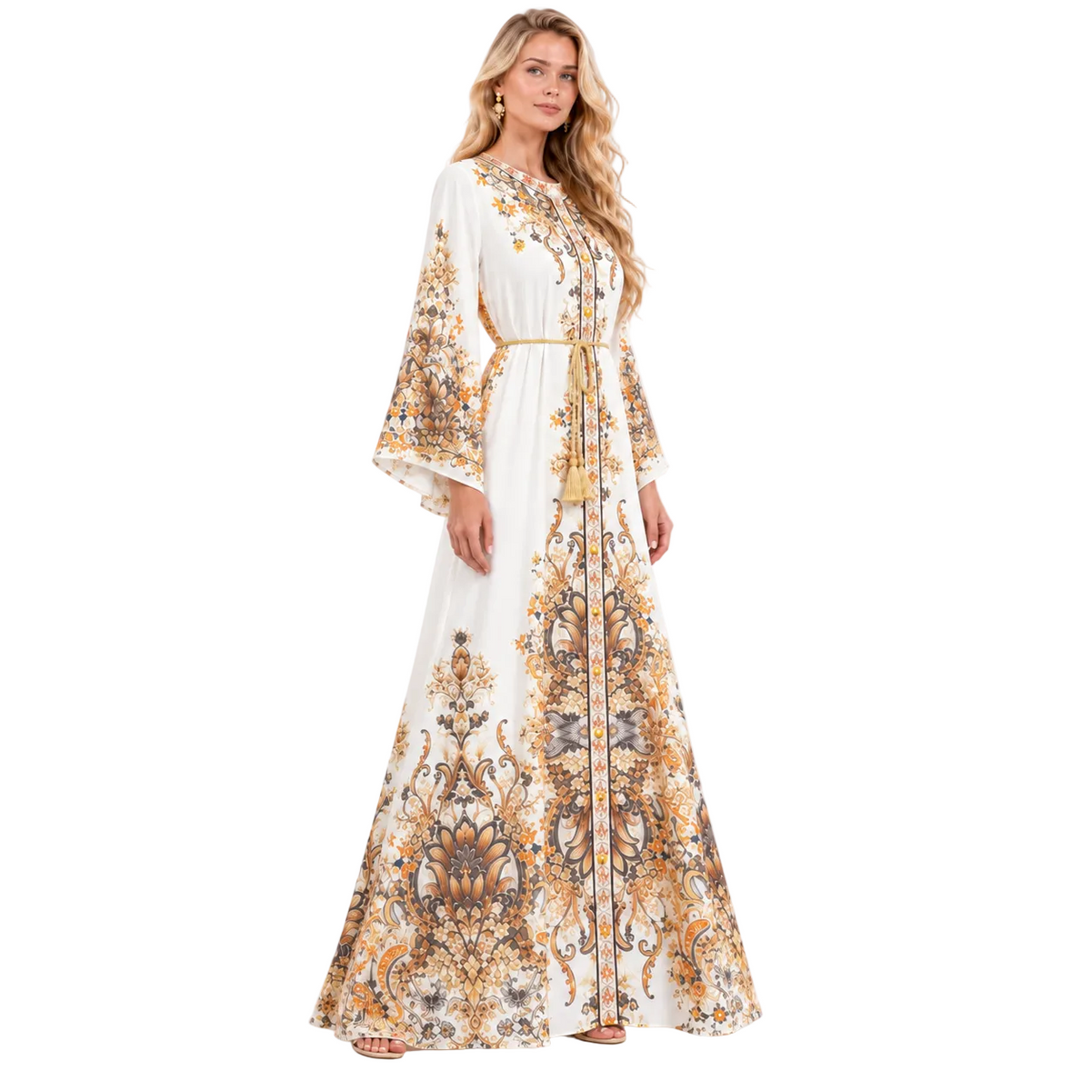 White Floral Printed Elegant Gamis Kaftan