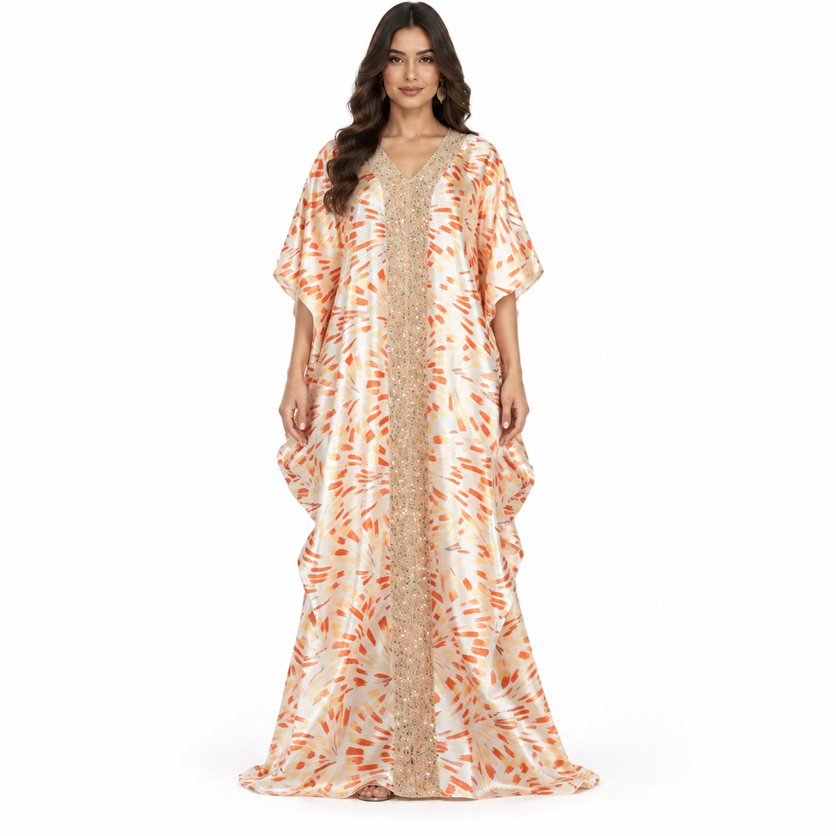 Champagne Orange Embellished Satin Baju Kaftan