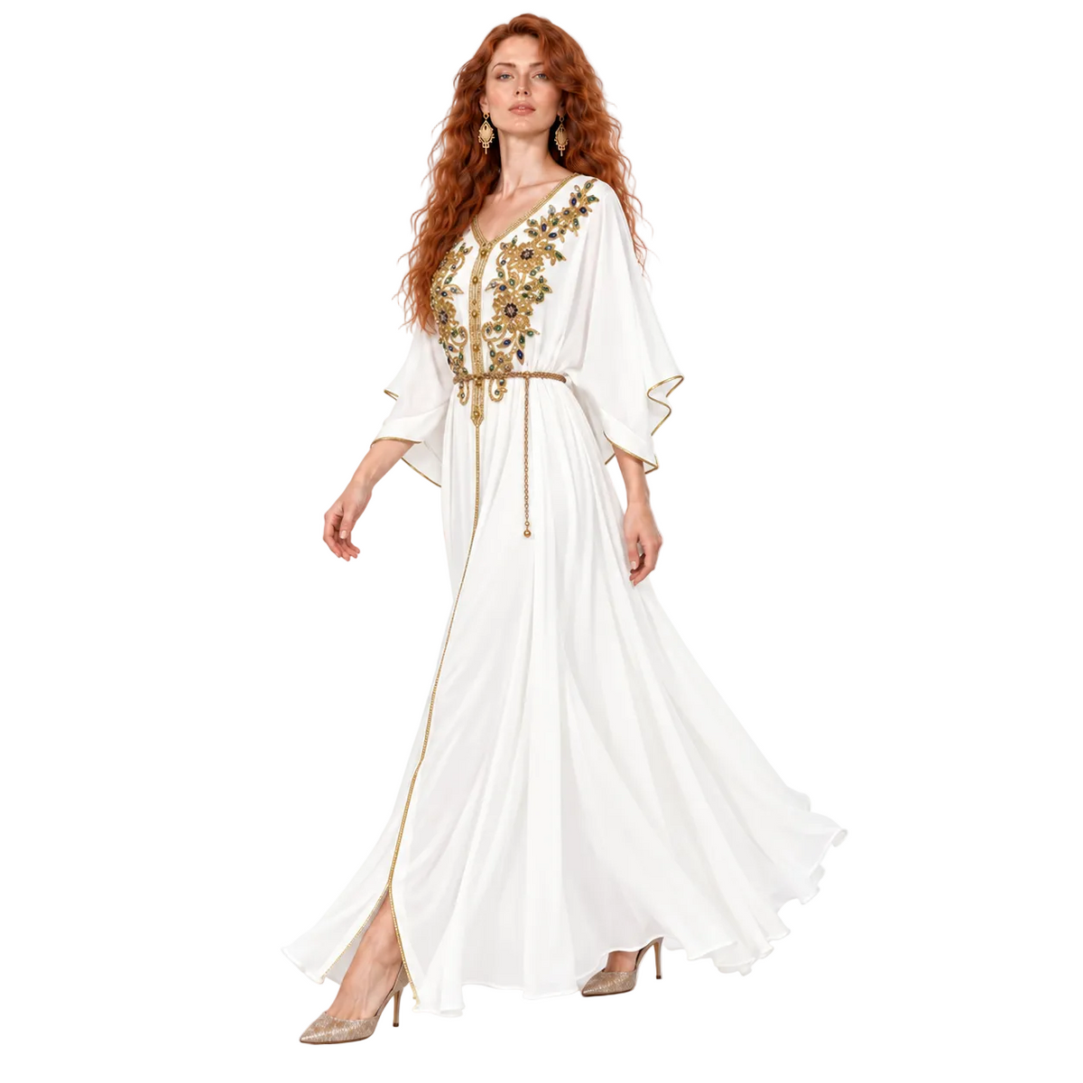 White Gold Embroidered Elegant Lebaran Kaftan
