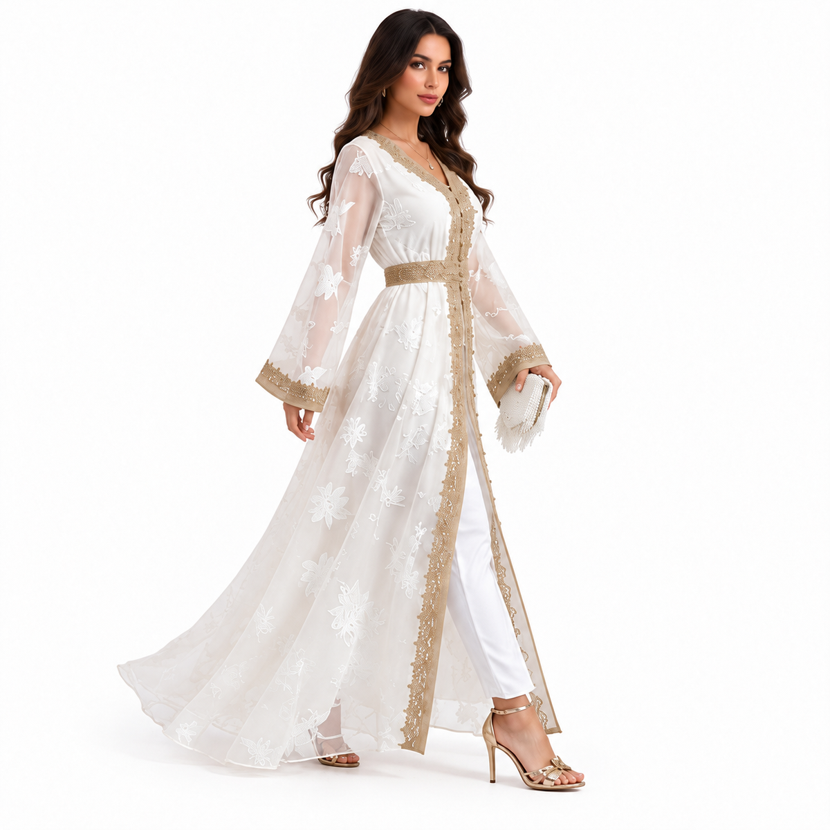 Elegant White Kaftan With Gold Embroidery
