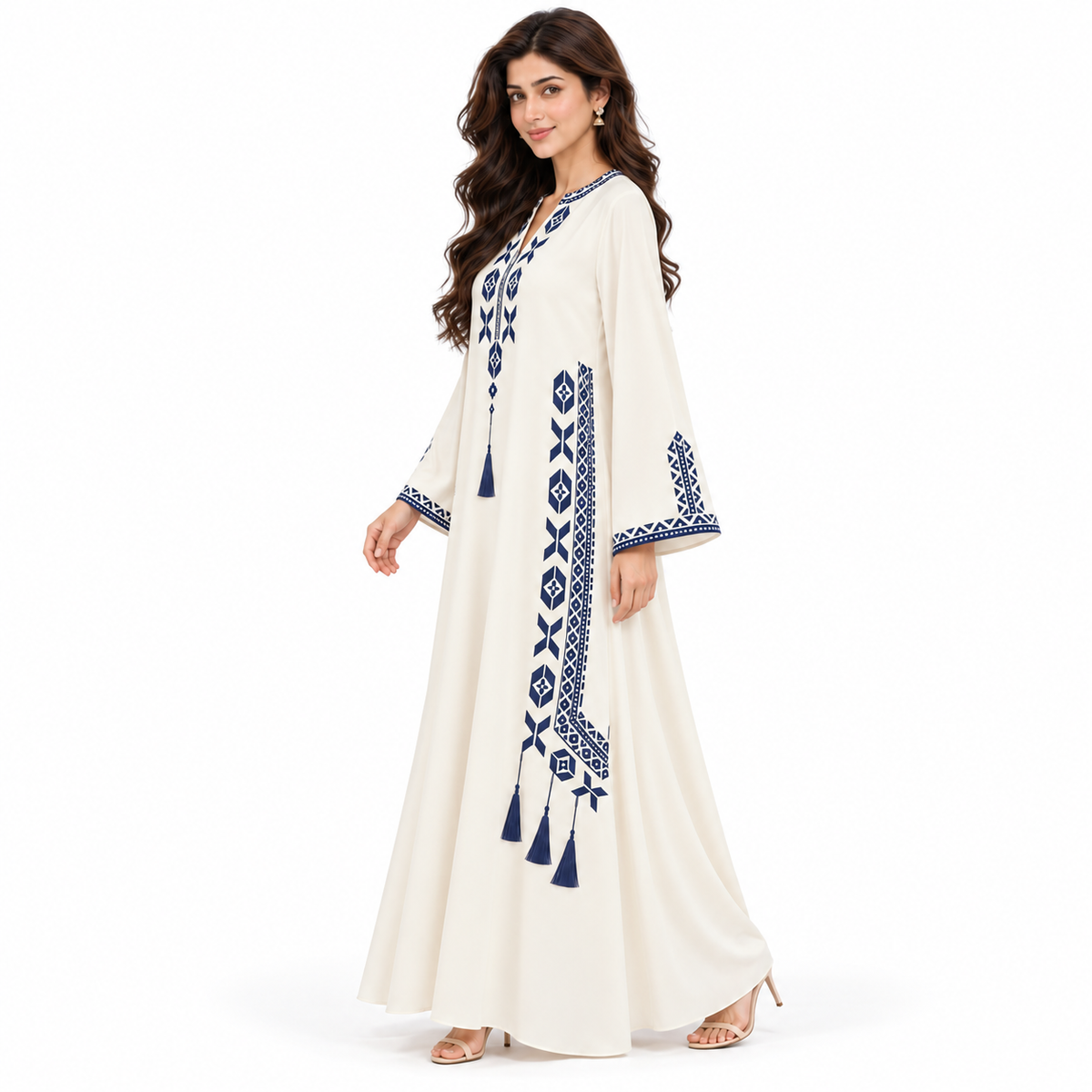 Milky White Embroidered Pakistani Kaftan Dress