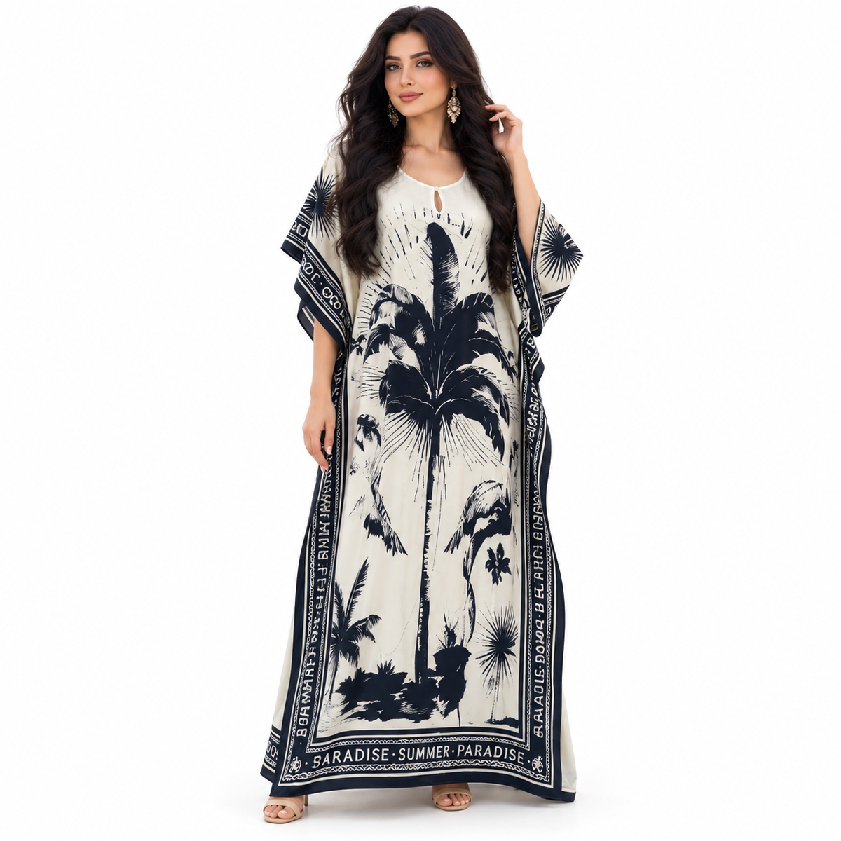 Champagne Tropical Print Relaxed Baju Kaftan