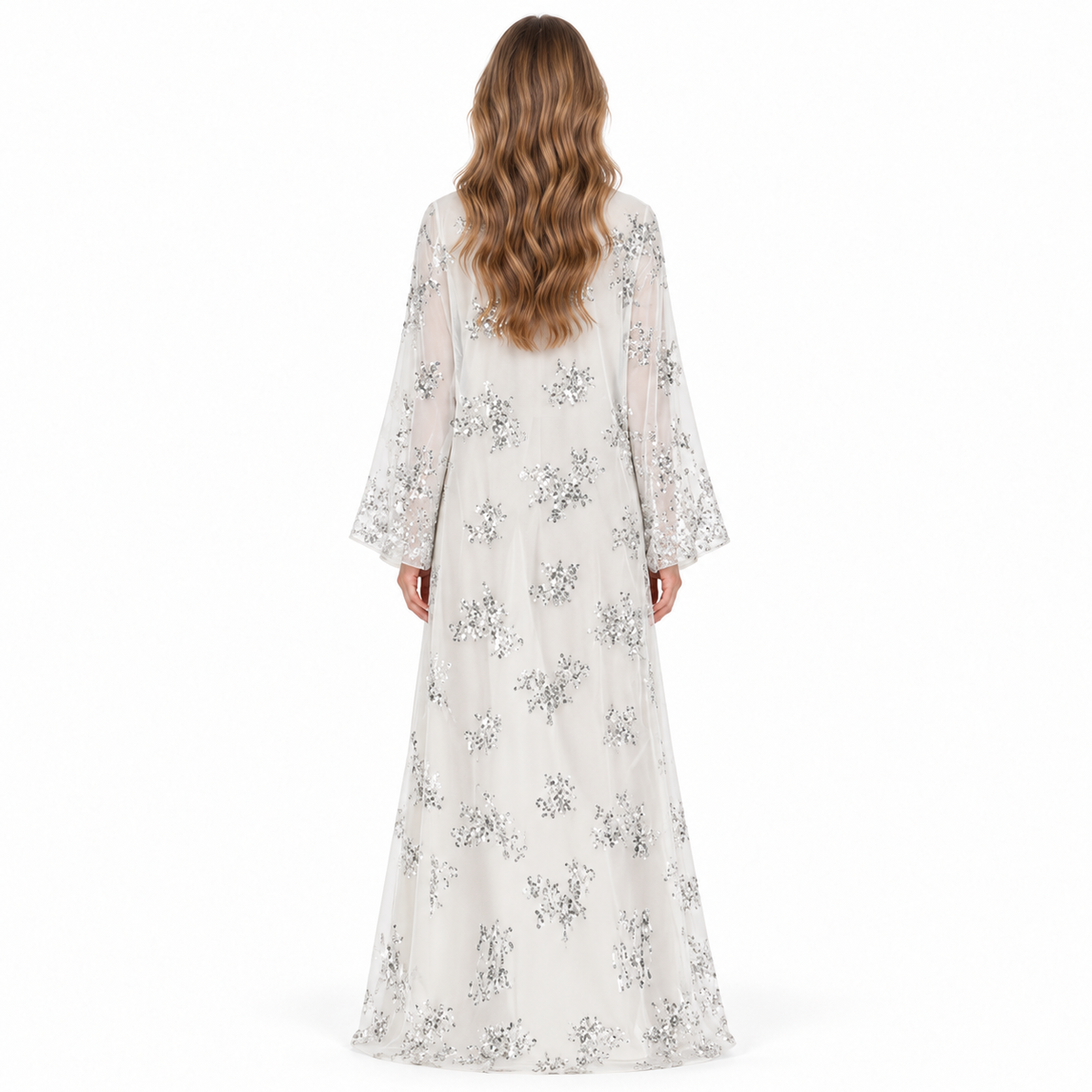 Elegant White Silver Embroidered Sequin Kaftan