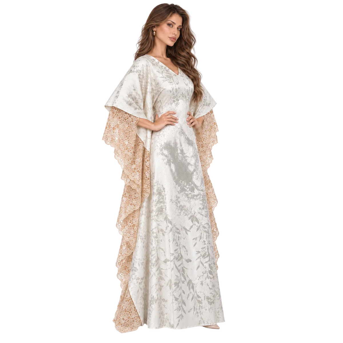 White Botanical Lace Sequin Elegant Kaftan