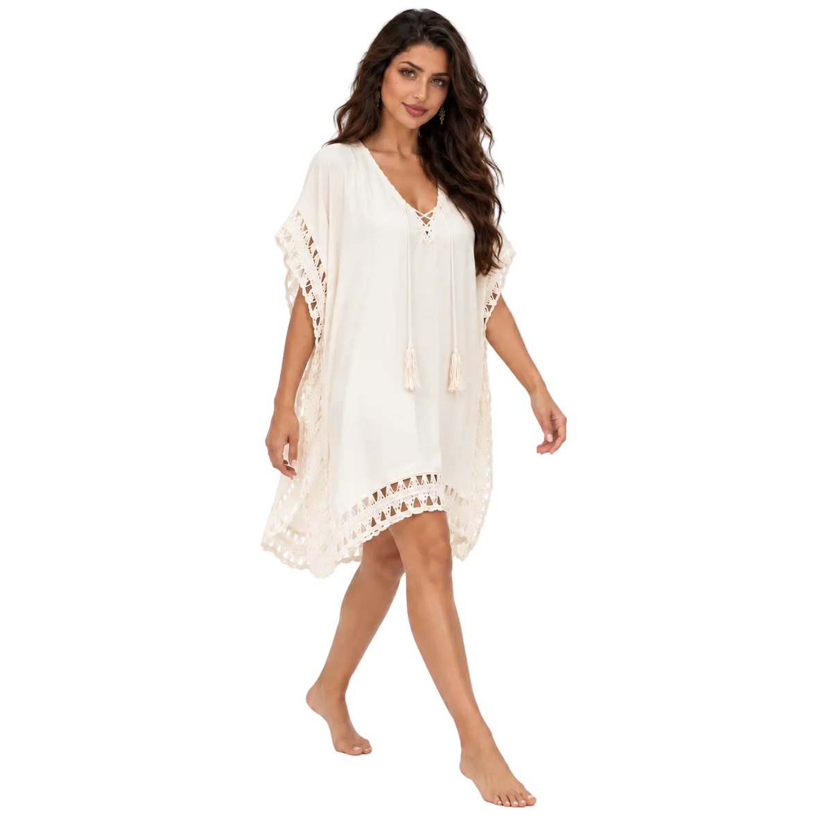 Beige Crochet Trim Relaxed Beach Kaftan