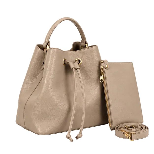 Khaki Drawstring Bucket Handbag Pouch Set