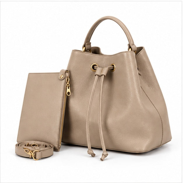 Khaki Drawstring Bucket Handbag Pouch Set