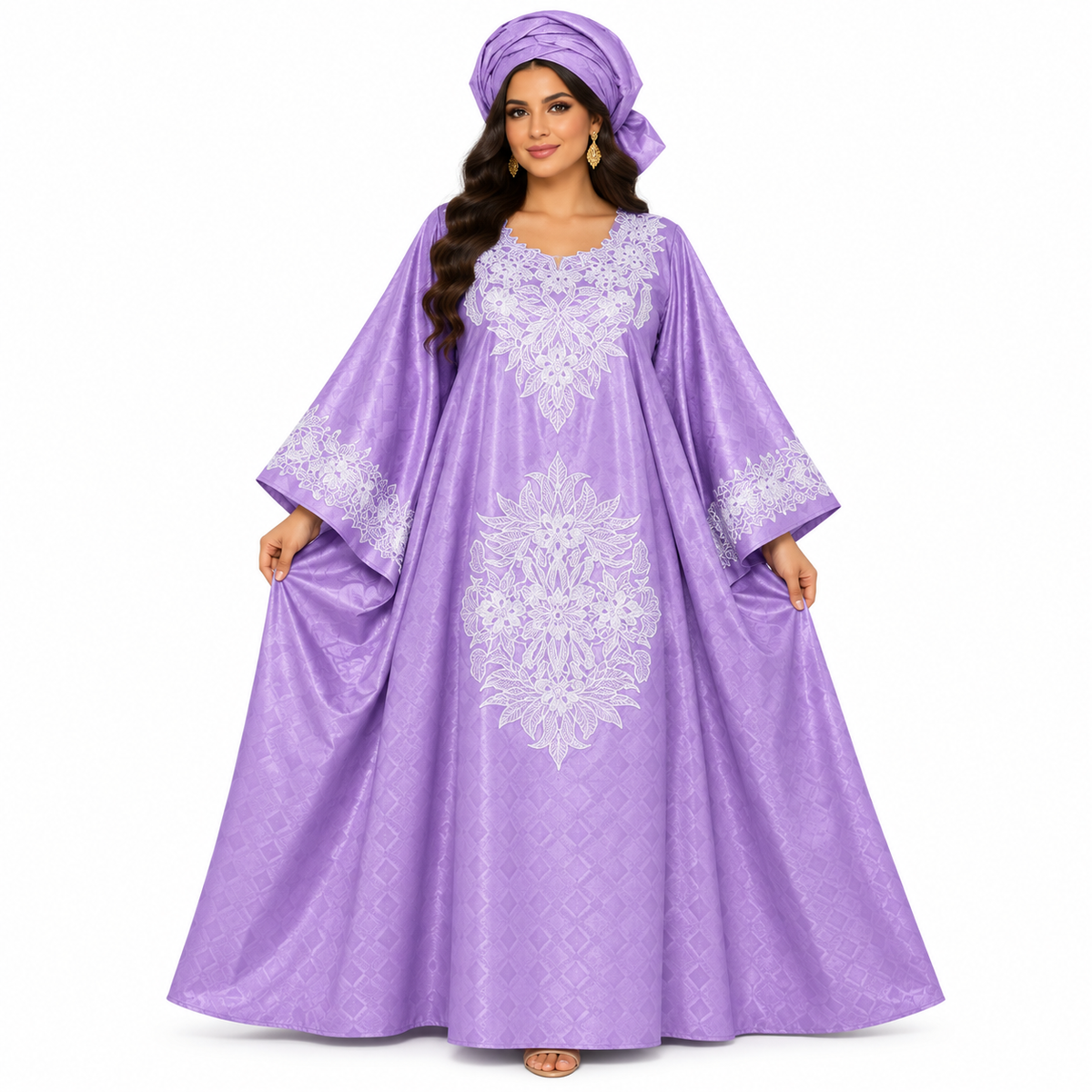 Lavender White Embroidered Luxury Baju Kaftan