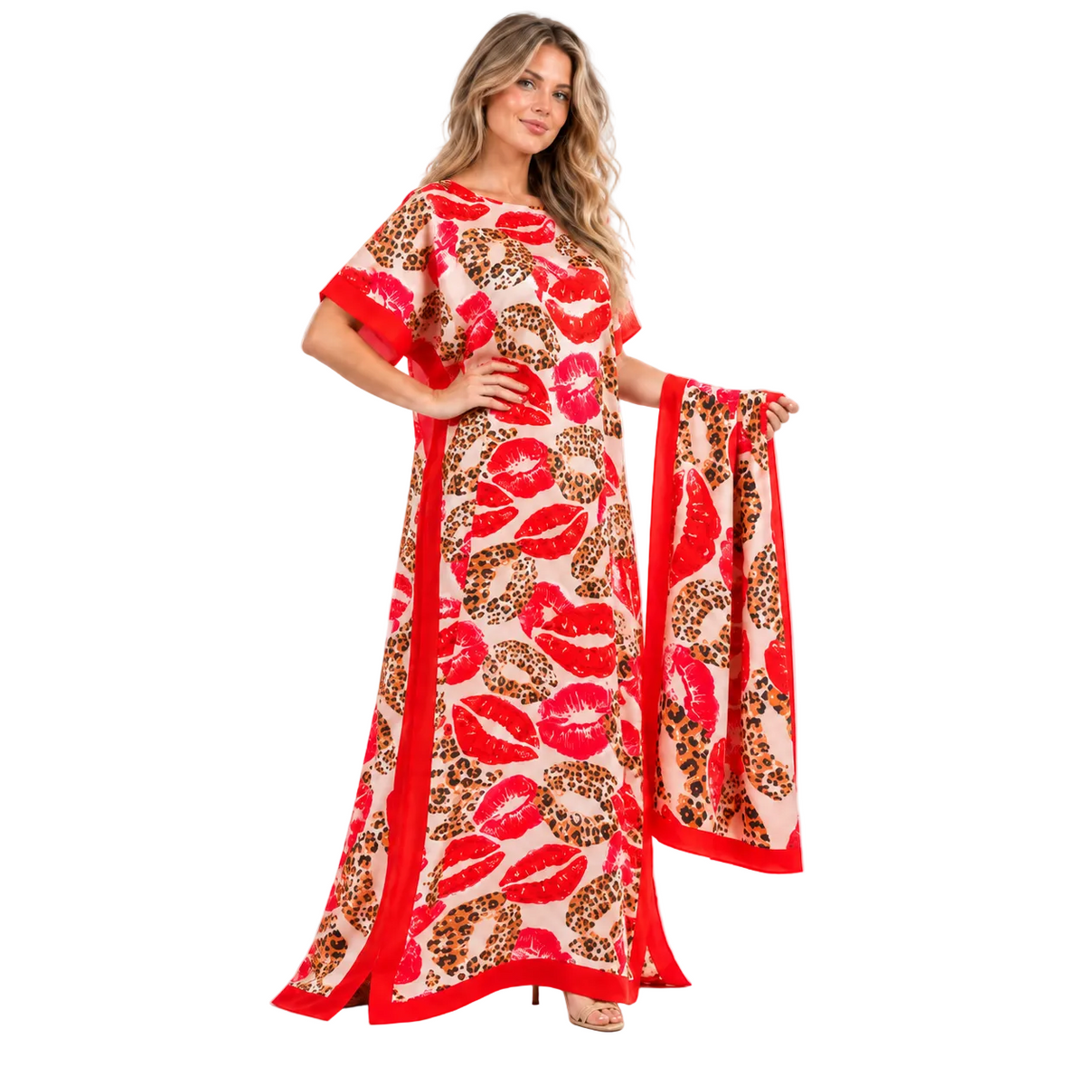 Red Lip Print Silk Satin Kaftan