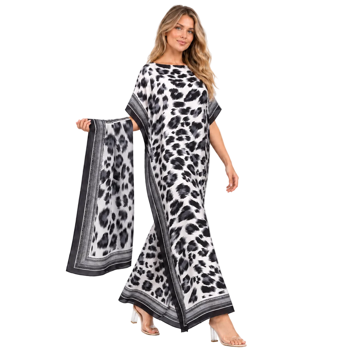 Black White Leopard Silk Satin Kaftan